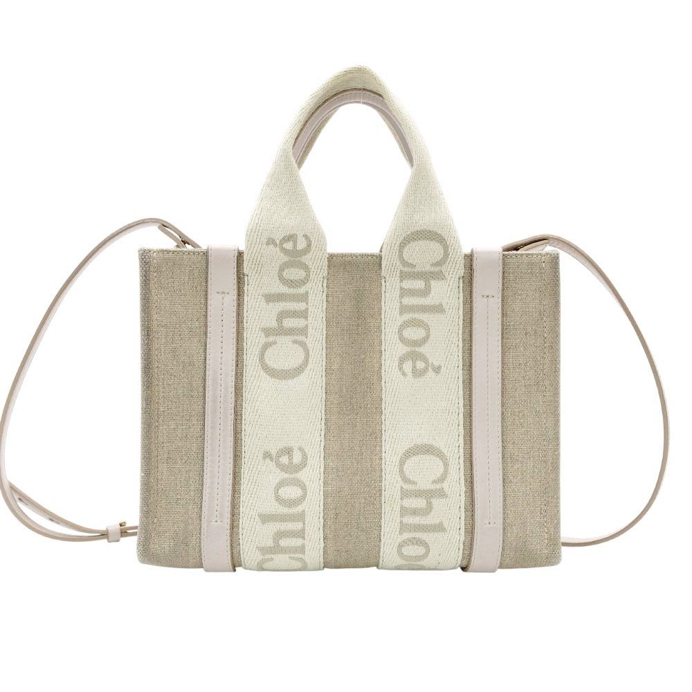 クロエ CHLOE ウッディ スモール ハンドバッグ ベージュ×ライトピンク 2 way ショルダー キャンバス レザー 7-11-816