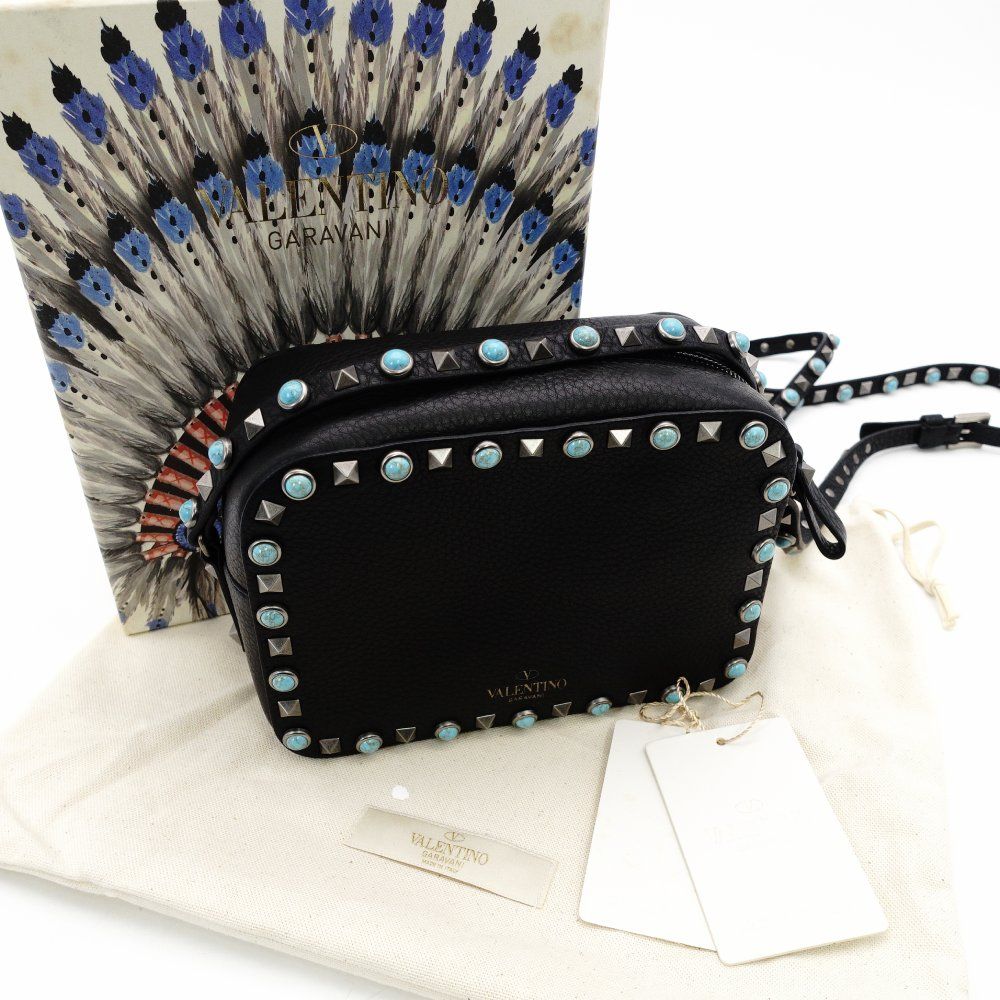  ヴァレンティノ ガラヴァーニ Valentino Garavani カメラバッグ ブラック ショルダーバッグ 黒 スタッズ ターコイズ クロスボディ 7-12-128 メッセンジャーバッグ ショルダーバッグ