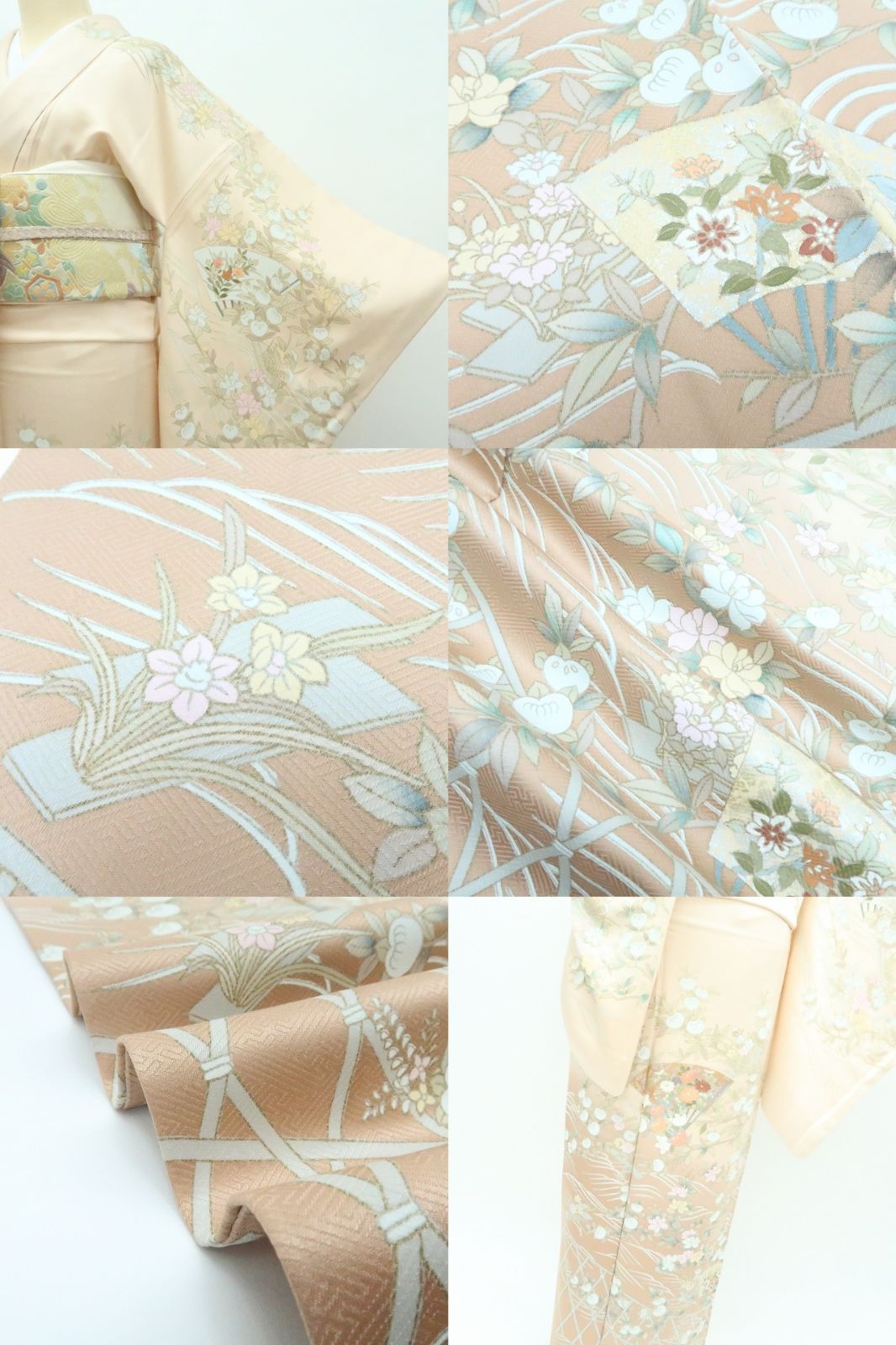 百華❀Y4223◇美品 正絹 手縫い仕立て 菊 椿 橘 扇 訪問着 着物 単品