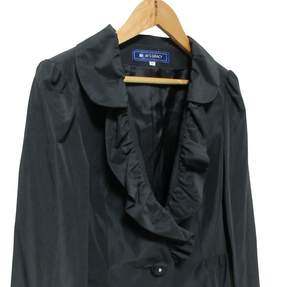 Sybilla ブラック黒コットン七分袖ショールカラーボレロジャケット 春 