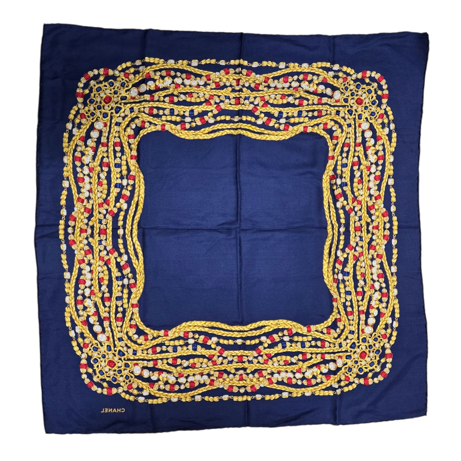 ◇ CHANEL シャネル スカーフ チェーン柄 ビジュー ジュエリー 宝石柄