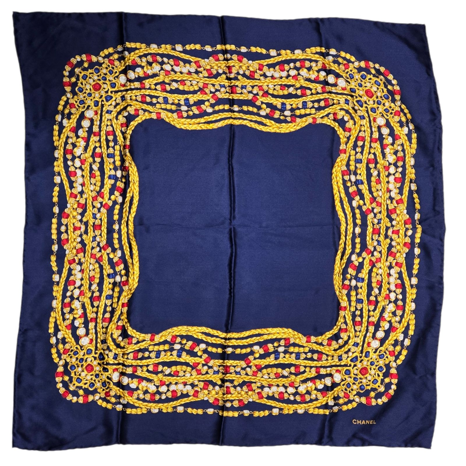 ◇ CHANEL シャネル スカーフ チェーン柄 ビジュー ジュエリー 宝石柄