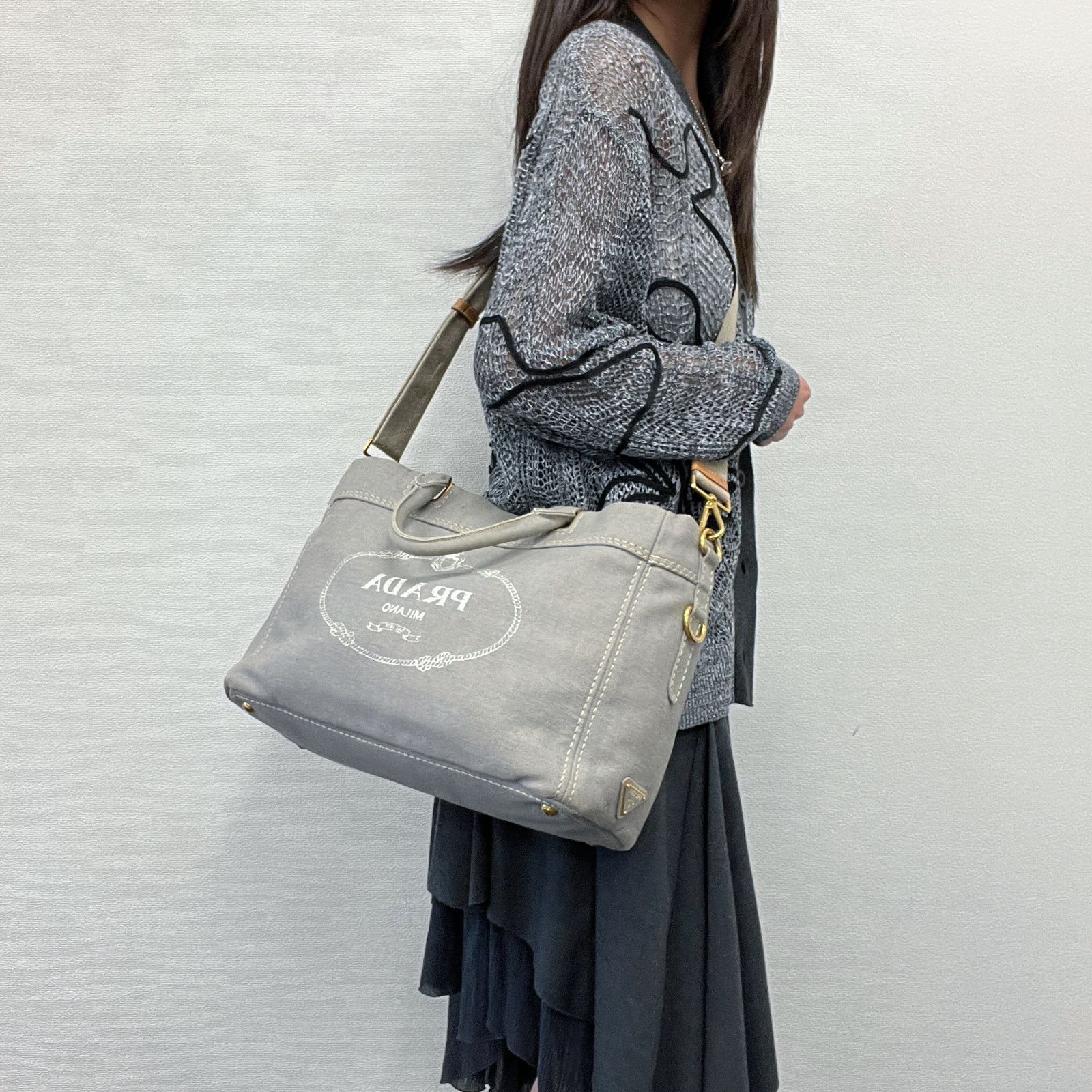 PRADA プラダ カナパ ハンドバッグ ショルダーバッグ グレー デニム ヴィンテージ レディース HIBUOCHI VINTAGE