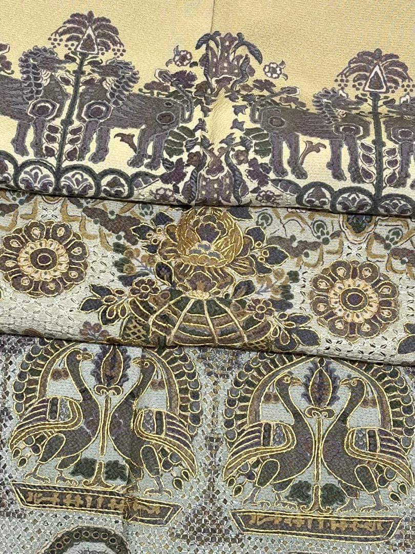 総汕頭刺繍 蘇州刺繍 訪問着 向かい鳥 動物 正絹 躾糸付き A 128