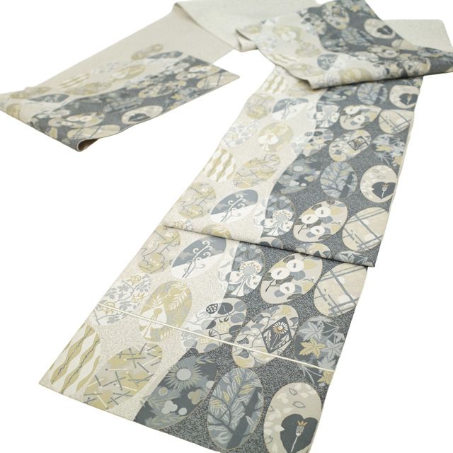 袋帯 リサイクル 正絹 京都 西陣 となみ織物 となみ帯 詩情 竹久夢二 金糸 グレー アイボリー 丸文 草花 カジュアル 春 秋 冬 仕立て上がり みやがわ sb 54826