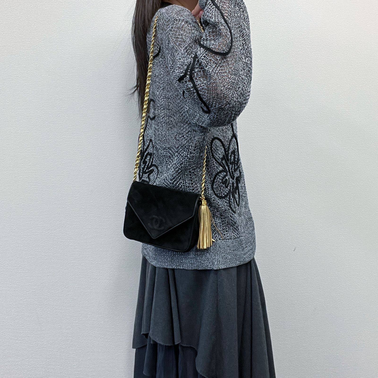 CHANEL シャネル ココマーク マトラッセ フリンジ チェーンショルダーバッグ ブラック スエード 1番台 ヴィンテージ レディース HIBUOCHI VINTAGE