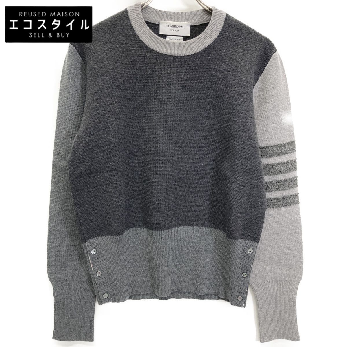 THOM BROWNE トムブラウン ｸﾞﾚｰ ｳｰﾙ ｽﾘｰｽﾄﾗｲﾌﾟ ﾆｯﾄ ﾄｯﾌﾟｽ 1 - メルカリ