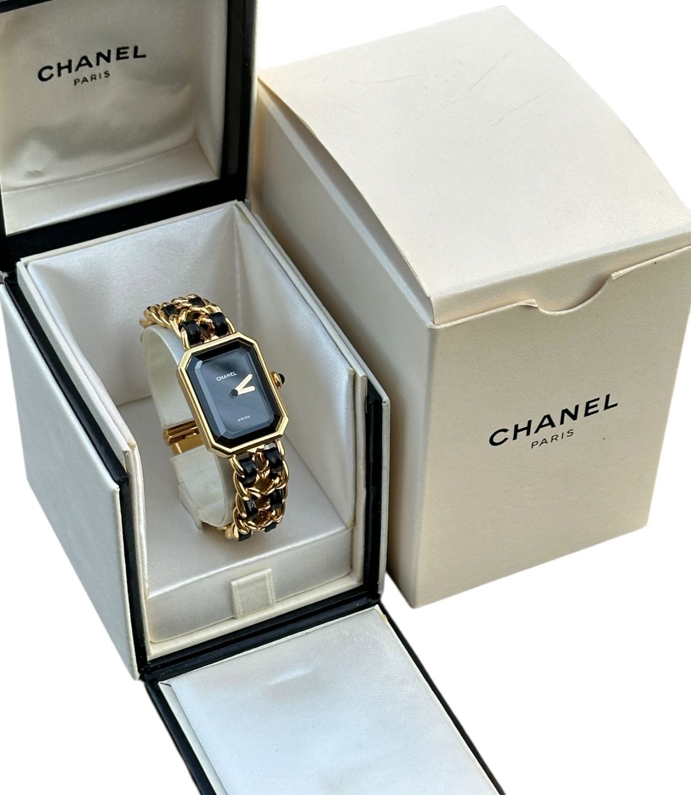 稼働品シャネルCHANELヴィンテージVintageプルミエールSサイズ レディース クオーツ黒文字盤ゴールド電池交換済