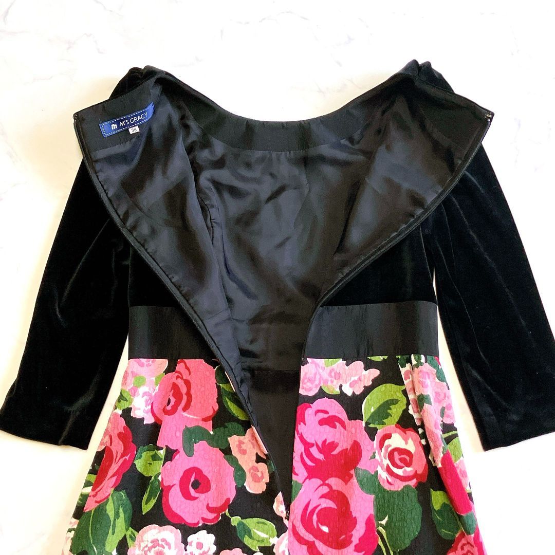 M'S GRACY エムズグレイシー ベロアワンピース ひざ下丈 バラ柄