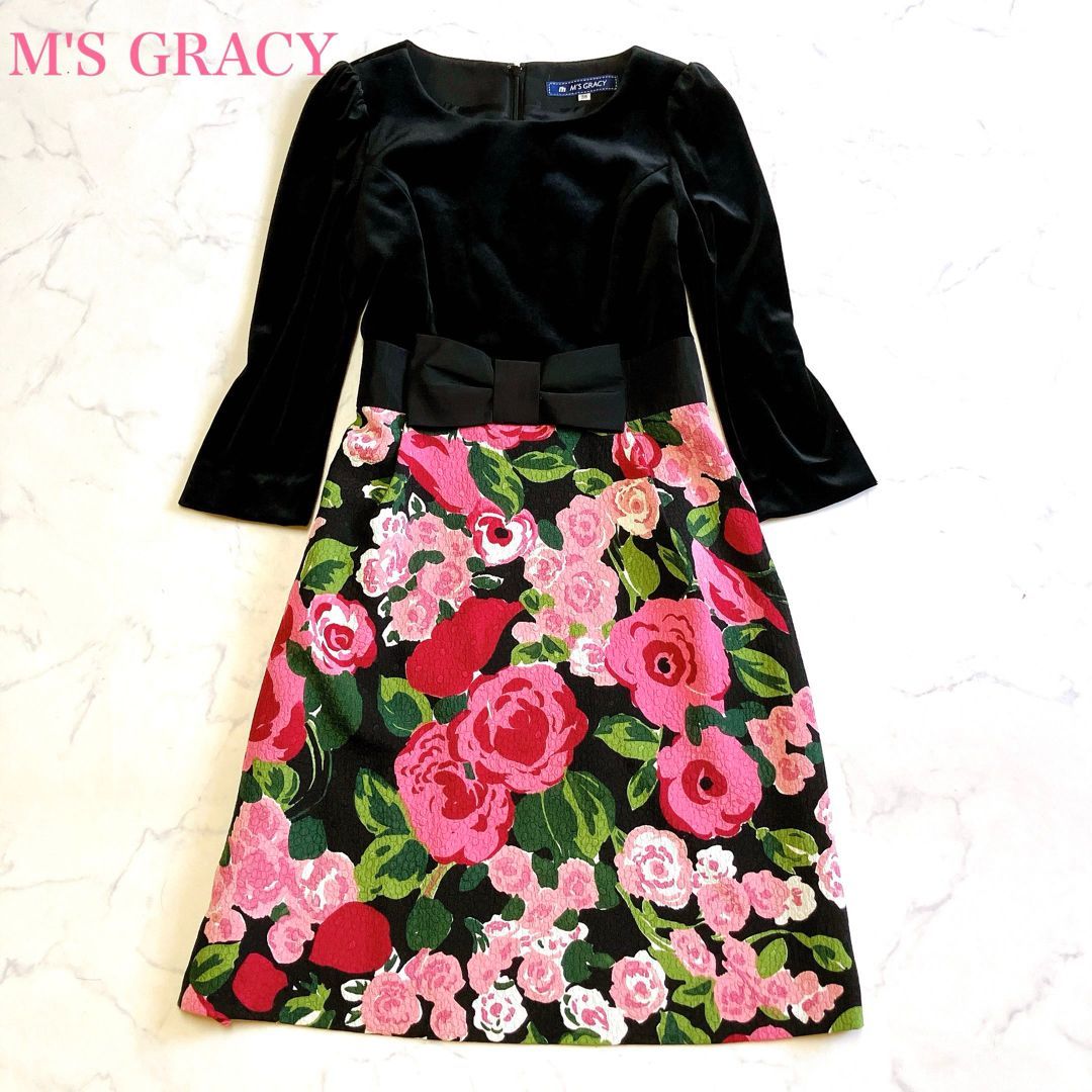 M'S GRACY エムズグレイシー ベロアワンピース ひざ下丈 バラ柄