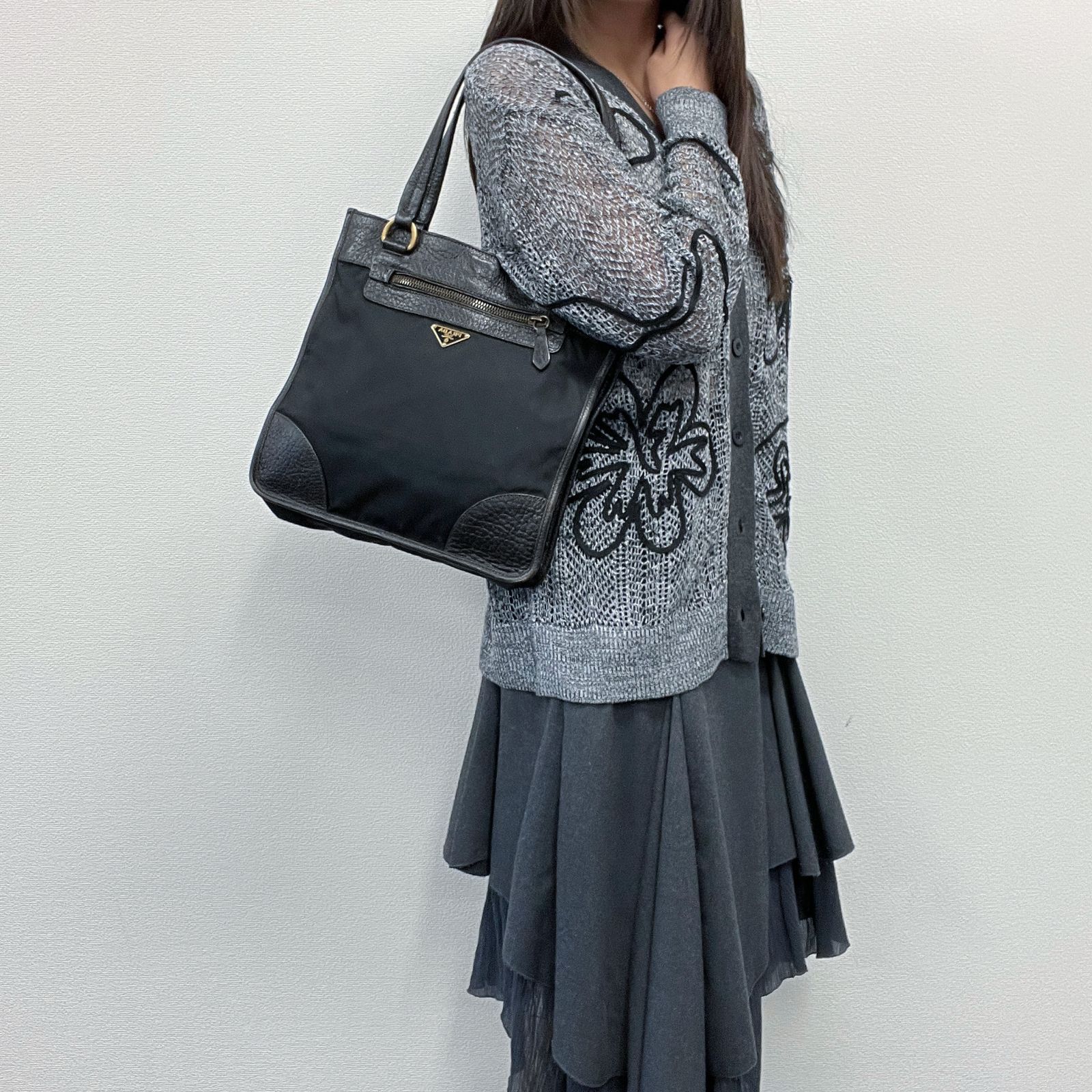 中古】PRADA プラダ トートバッグ ブラウン レザー ナイロン 