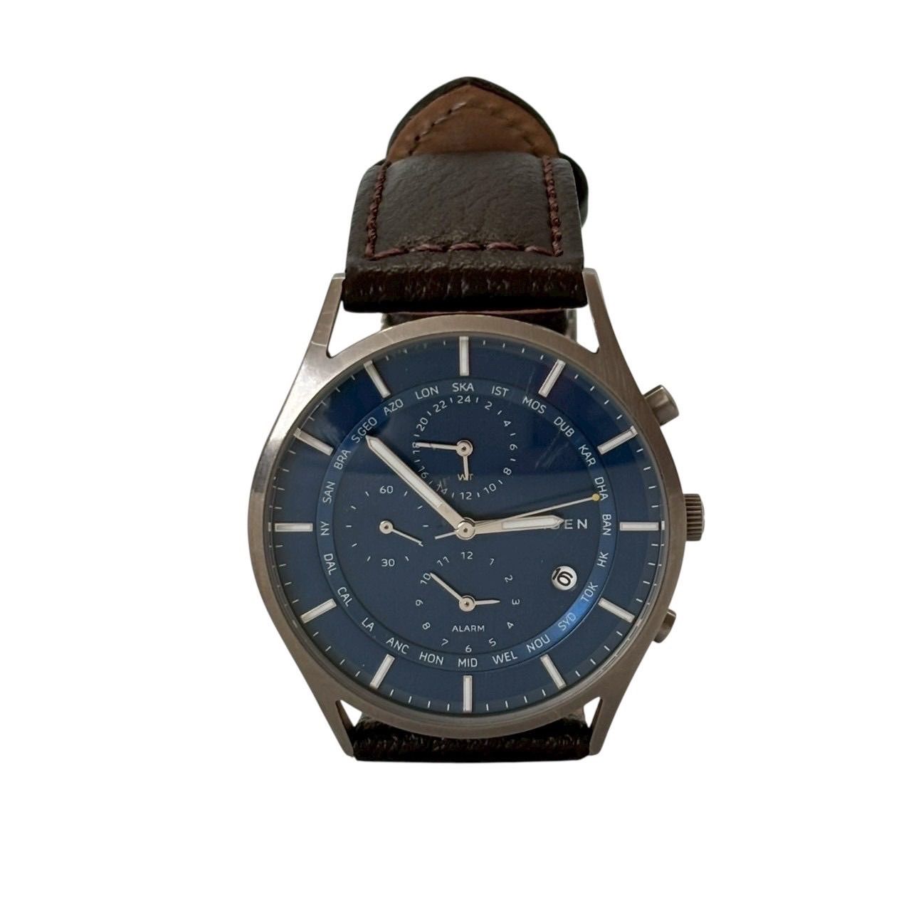 稼働品 SKAGEN スカーゲン SKW 6285 腕時計 時計 ワールドタイマー 日常生活防水 クォーツ チタニウム レザー ダークブラウン ブルー