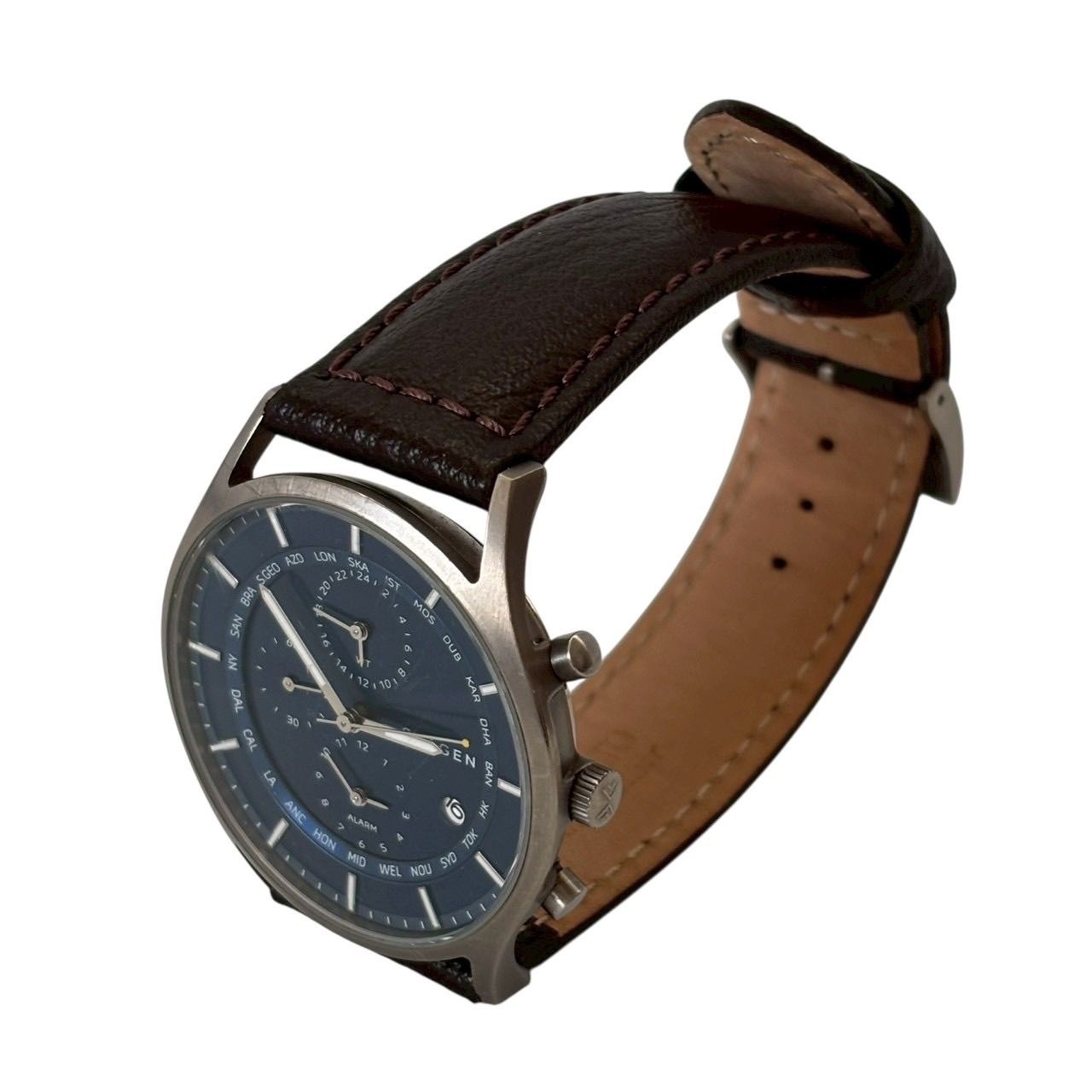 稼働品 SKAGEN スカーゲン SKW 6285 腕時計 時計 ワールドタイマー 日常生活防水 クォーツ チタニウム レザー ダークブラウン ブルー