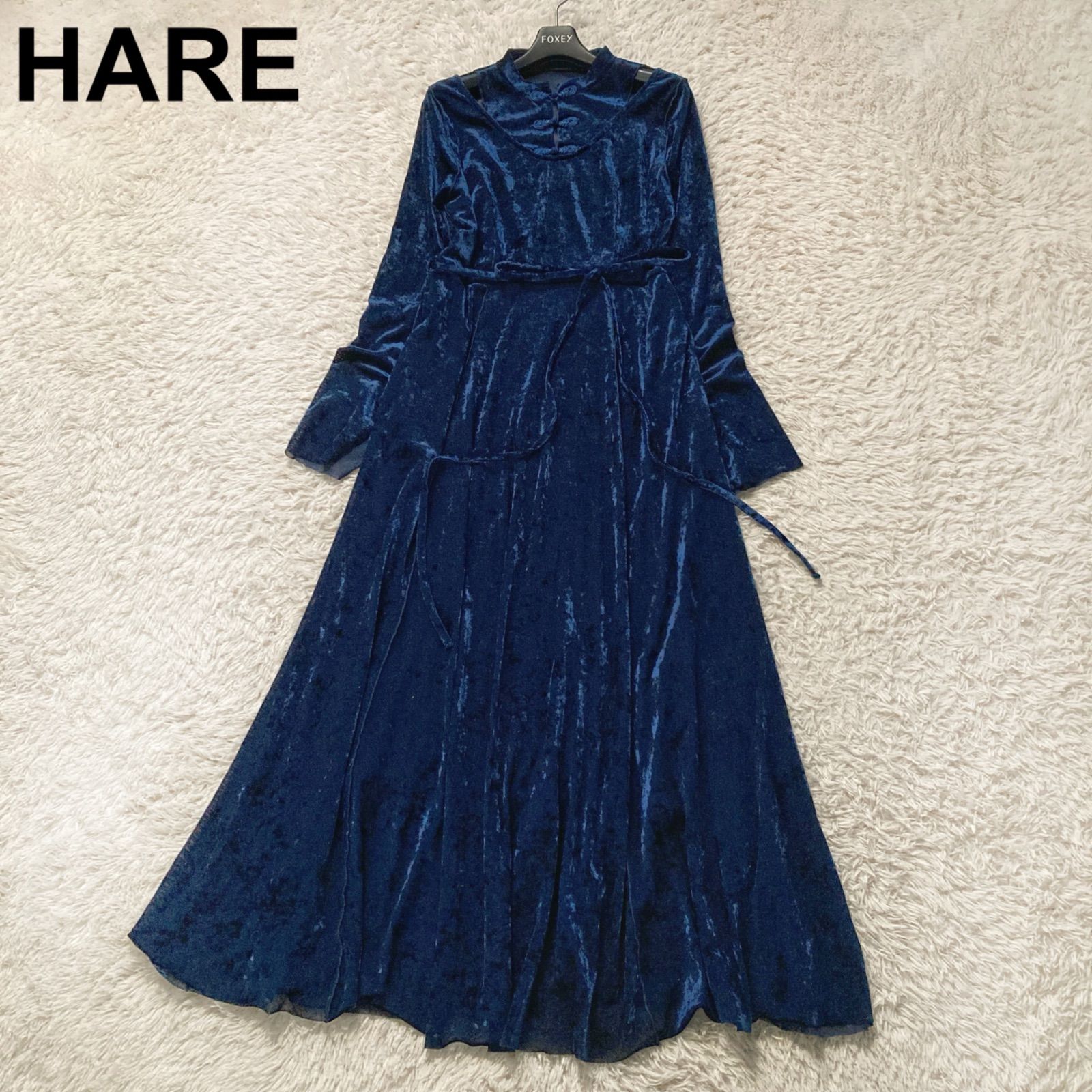 ハレ HARE ベロアチャイナワンピース ロング ベルベット Aライン ネイビー 紺色 レディース フリーサイズ パーティー 結婚式 二次会 披露宴 お呼ばれ ドレス 華やか 感 上品 シアー 透け感 品