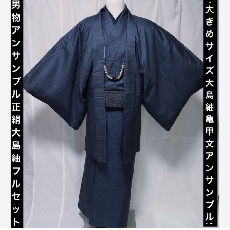 男物本場大島紬アンサンブル裄72㎝大きめサイズ亀甲文フルセット⑨