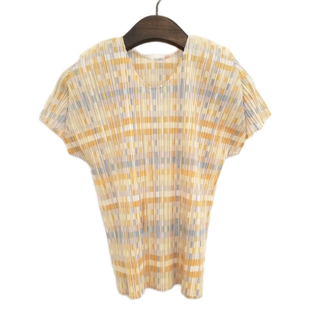 プリーツプリーズ PLEATS PLEASE イッセイミヤケ PP 51-JK 632 総柄 プリーツ プルオーバー カットソー トップス 3 イエロー系