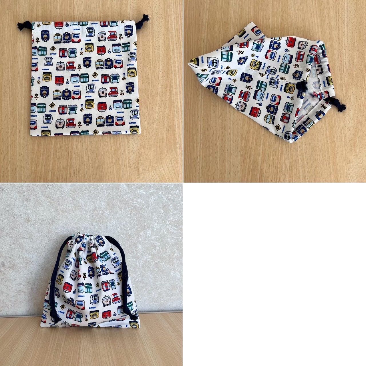 ハンドメイド 生地、紐色が選べる 給食3点セット 入園入学セット 電車