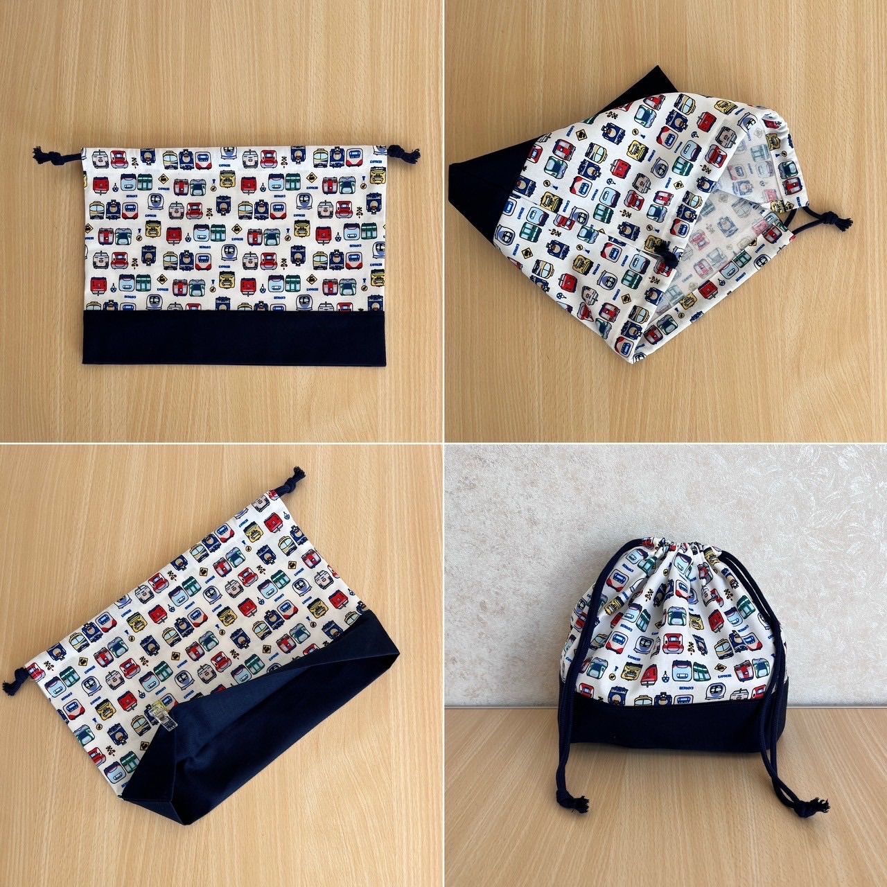 ハンドメイド 生地、紐色が選べる 給食3点セット 入園入学セット 電車