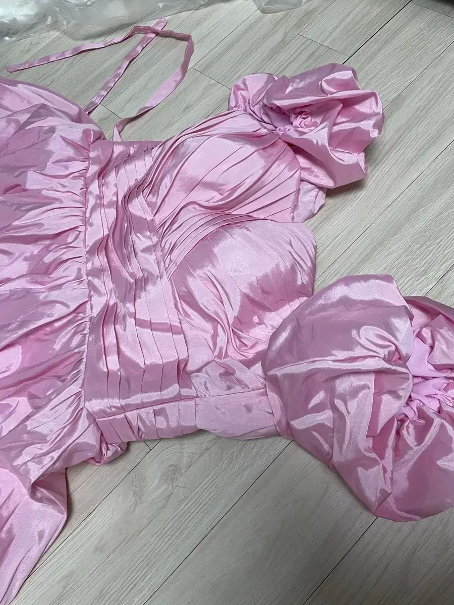 み ピンク シャーリング ロング ドレス