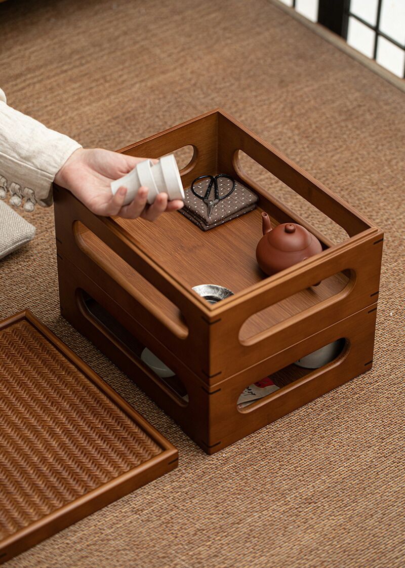 3段 茶器棚 収納ケース 卓上ランク 収納ラック 茶器収納棚 茶器置物棚 百宝箱 ティートレー ティーポット収納 竹製ラック ランク ティーボカップホルダー 茶道具 茶道 竹工芸 インテリア 器収納スペース