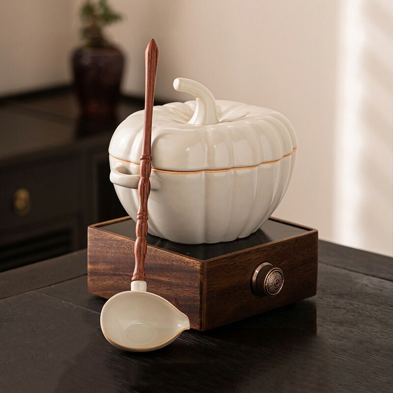 茶さじ付き 土鍋 両手鍋 セラミック 本製 仕切り鍋 調理鍋 フタ付き 万能鍋 深型 薬膳鍋 薬膳ポット フルーツティー 鍋 仕分け マルチポット かぼちゃ形 北欧 おしゃれ かわいい