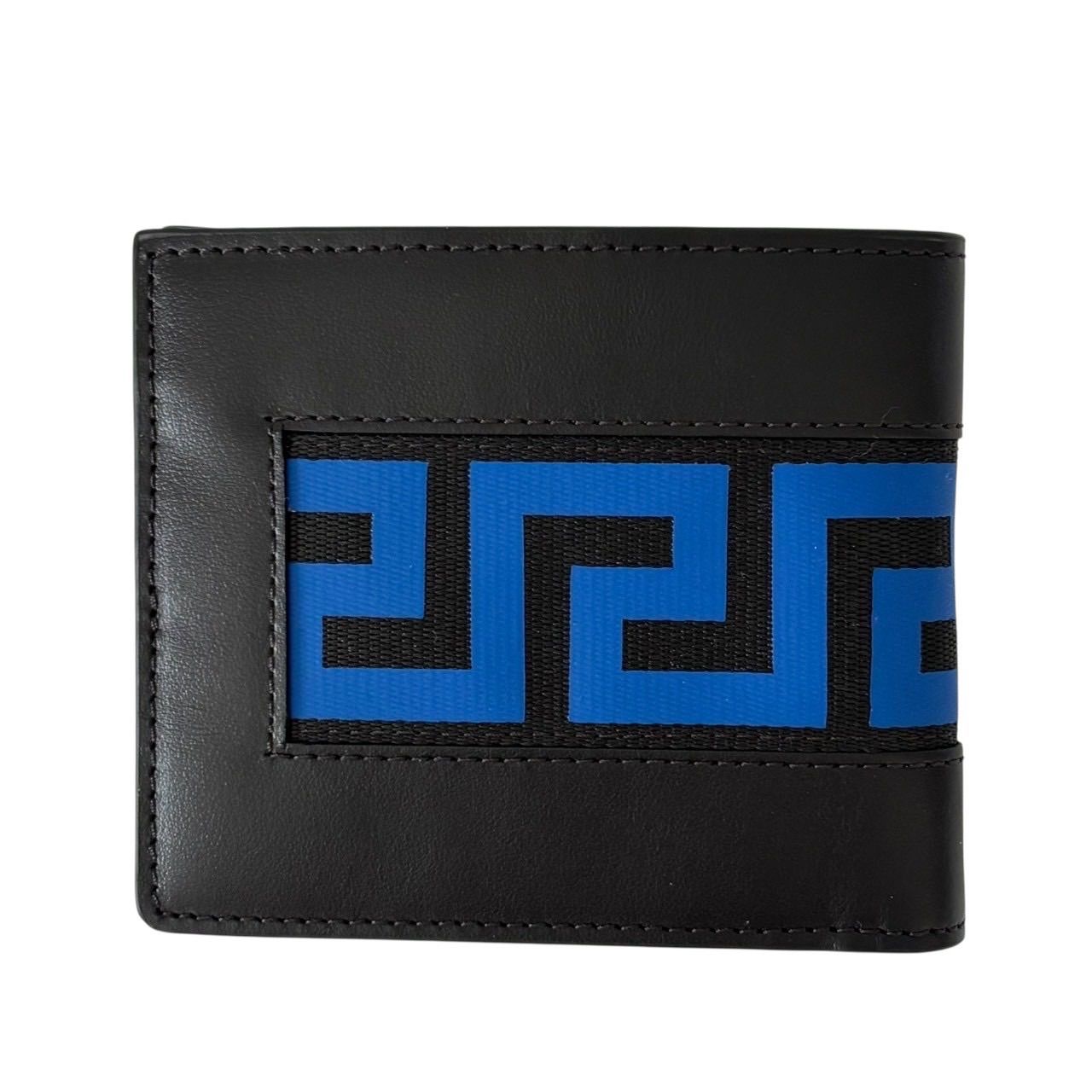 VERSACE ヴェルサーチ グレカ 財布 二つ折り財布 折財布 コンパクトウォレット 札入れ ロゴ レザー ブラック ブルー