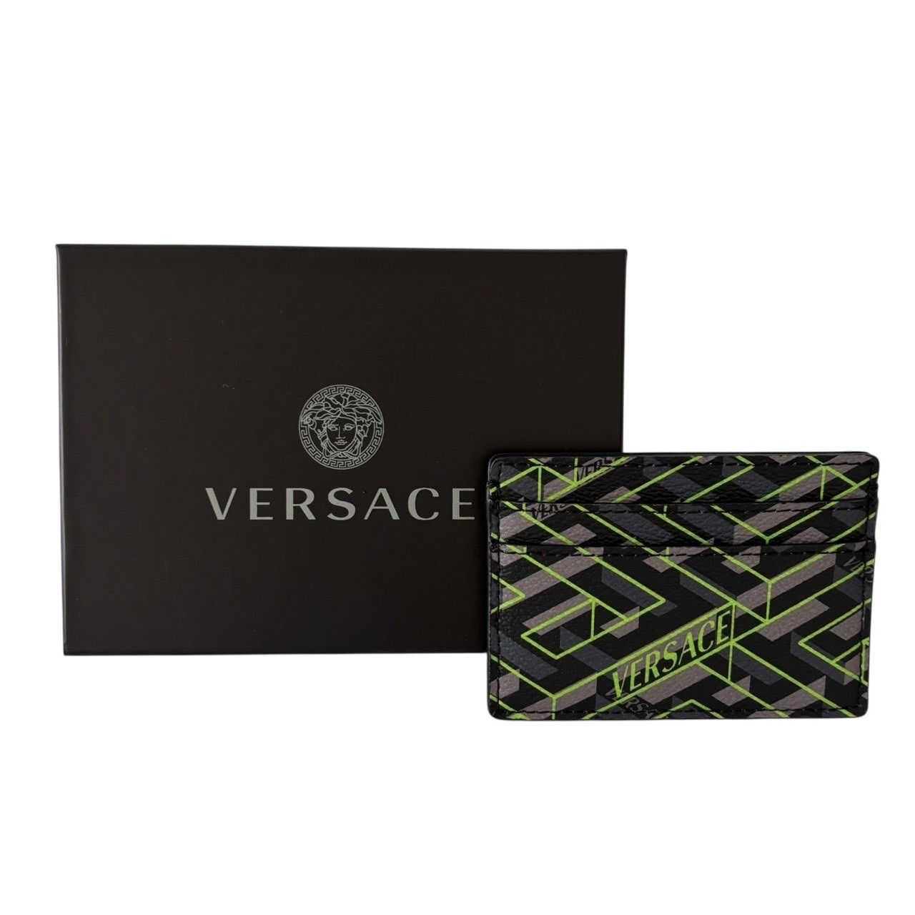 VERSACE ヴェルサーチ カードケース パスケース 名刺入れ グレカ柄 ロゴ レザー グレー マルチ