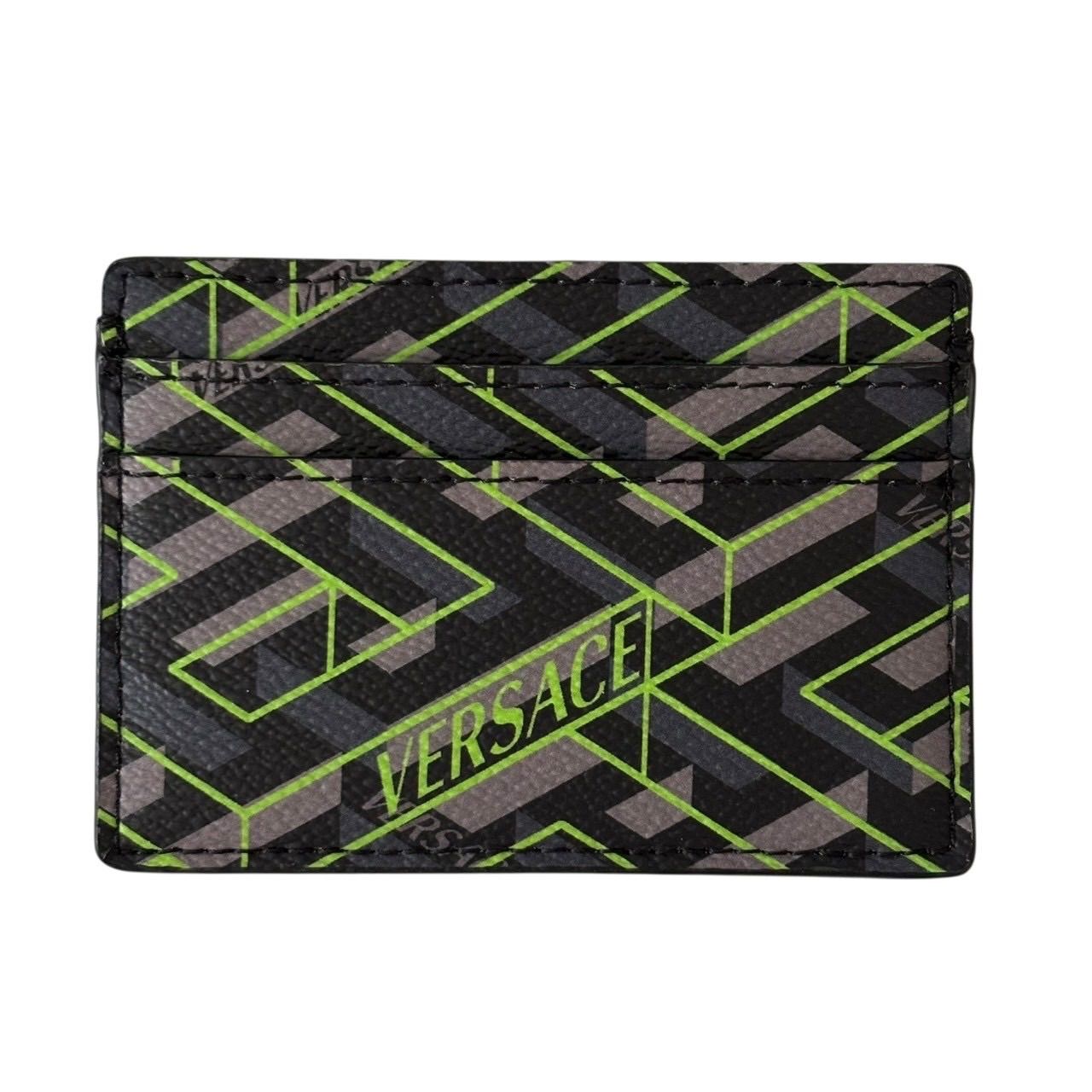 VERSACE ヴェルサーチ カードケース パスケース 名刺入れ グレカ柄 ロゴ レザー グレー マルチ