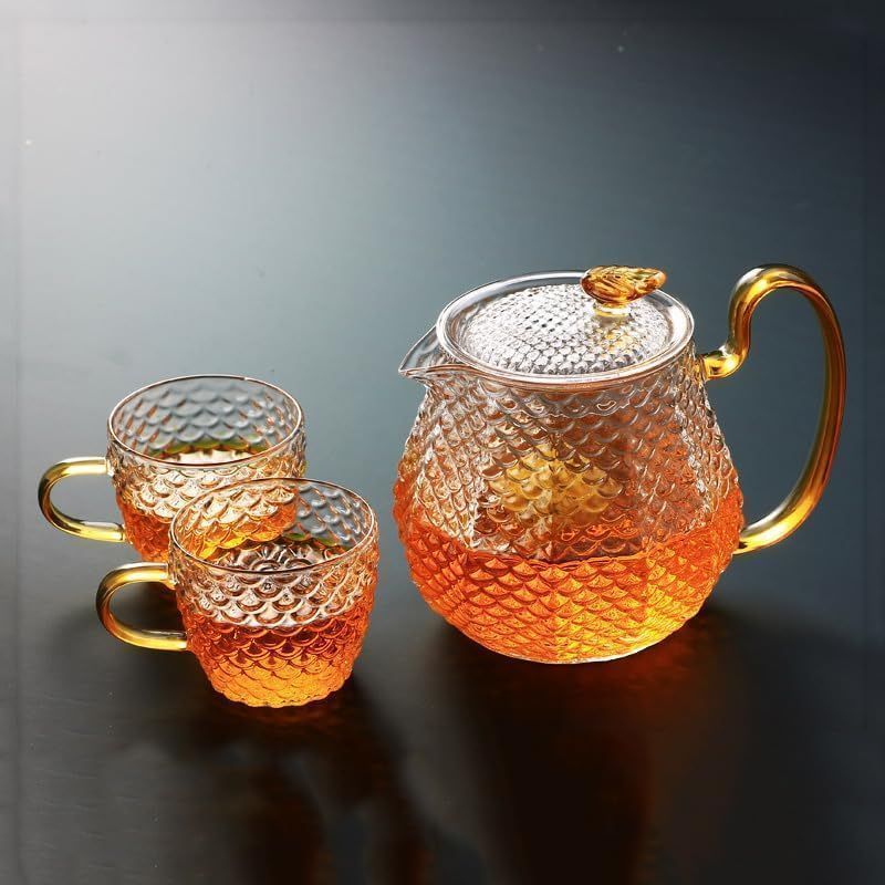 ティーポットドラゴンスケールポット槌で打たれたドラゴンティーポット 急須 手作り 茶こし付き 大容量 茶こし付き 二重構造 保温透明おしゃれ 耐熱ガラス ティーポッ カンフーティーセッ