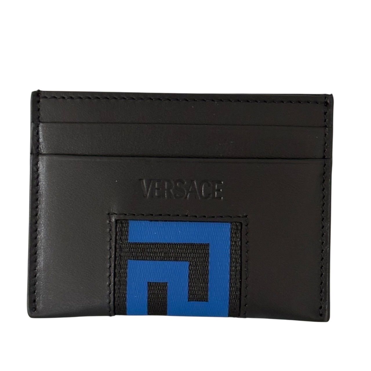 VERSACE ヴェルサーチ カードケース パスケース 名刺入れ コンパクト ロゴ レザー ブラック ブルー