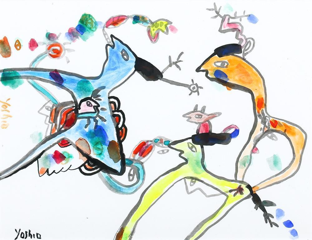 中島由夫　絵画 真作】【WISH】中島由夫 水彩 ◇生物の伸びやかな線と色の戯れ 〇現代