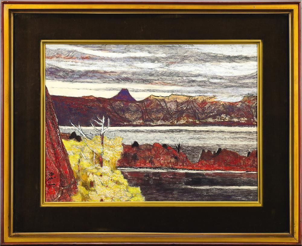 真作 WISH 今野忠一 十和田 日本画 10号 共シール 色の重なりが刻む十和田の風景 〇物故巨匠