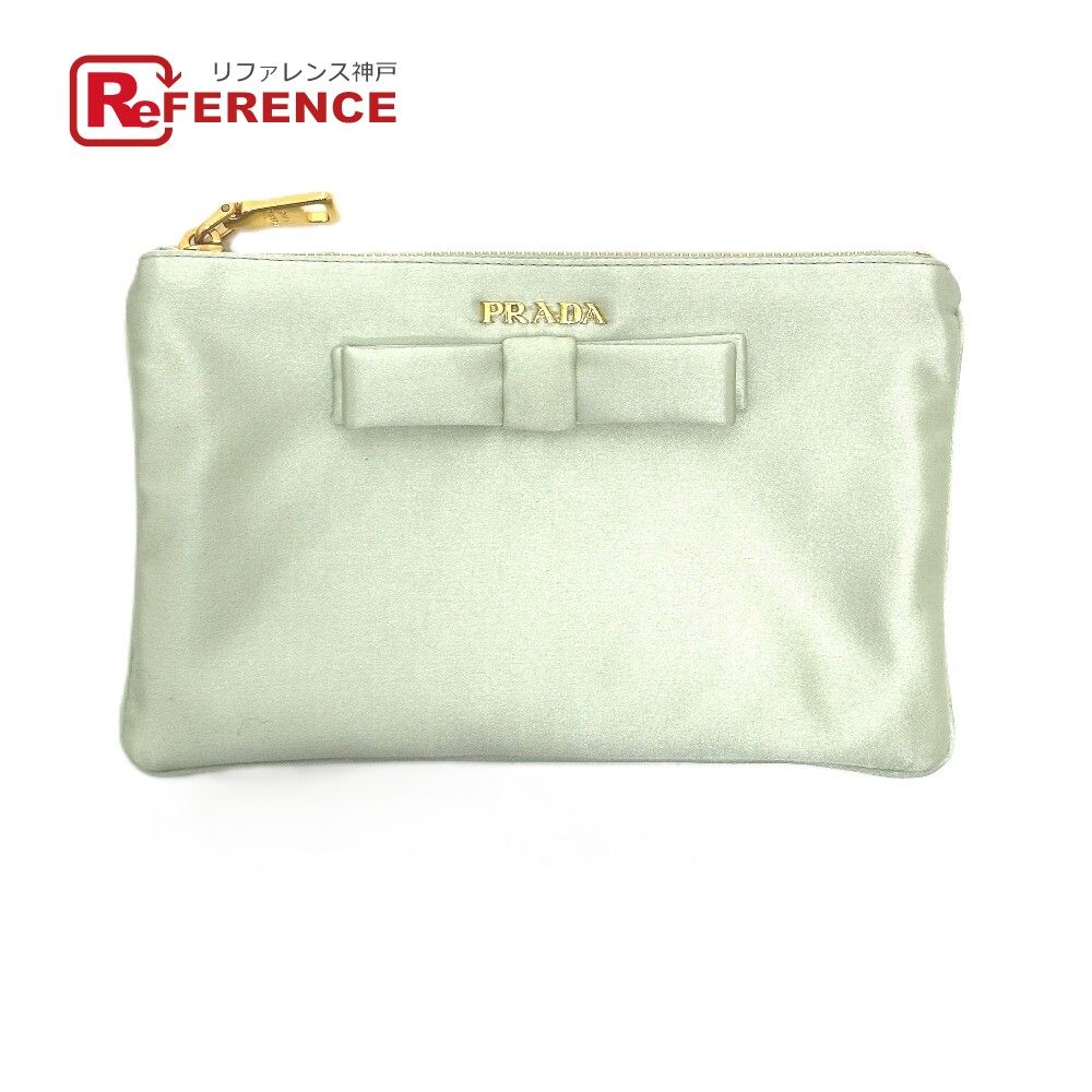 PRADA プラダ ポーチ ロゴ リボン 1 M 1214 サテン ACQUA グリーン系