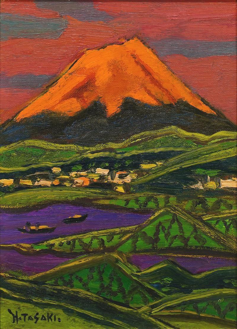 真作】【WISH】田崎広助「箱根の富士(朝やけ)」油彩 4号 証明シール