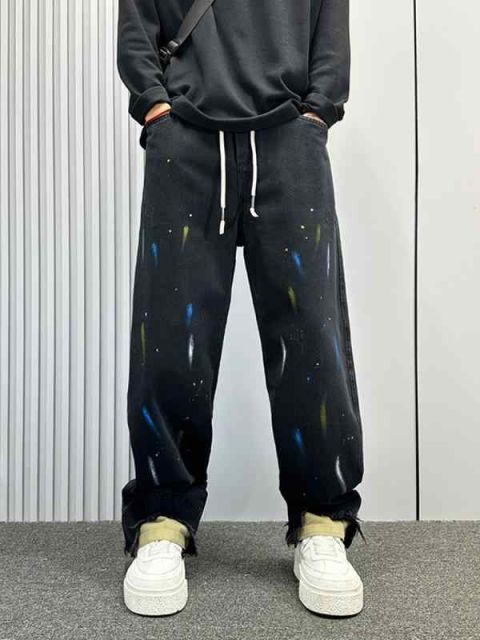 メンズ ファッション 服 男性用 オシャレ シンプル 大人 かっこいい ストリート 秋冬コーデ スプラッター ペイント ほつれた エッジ ウォッシュ加工 デニムジーンズ ゆったり ストレート レッグ パンツ アメリカン