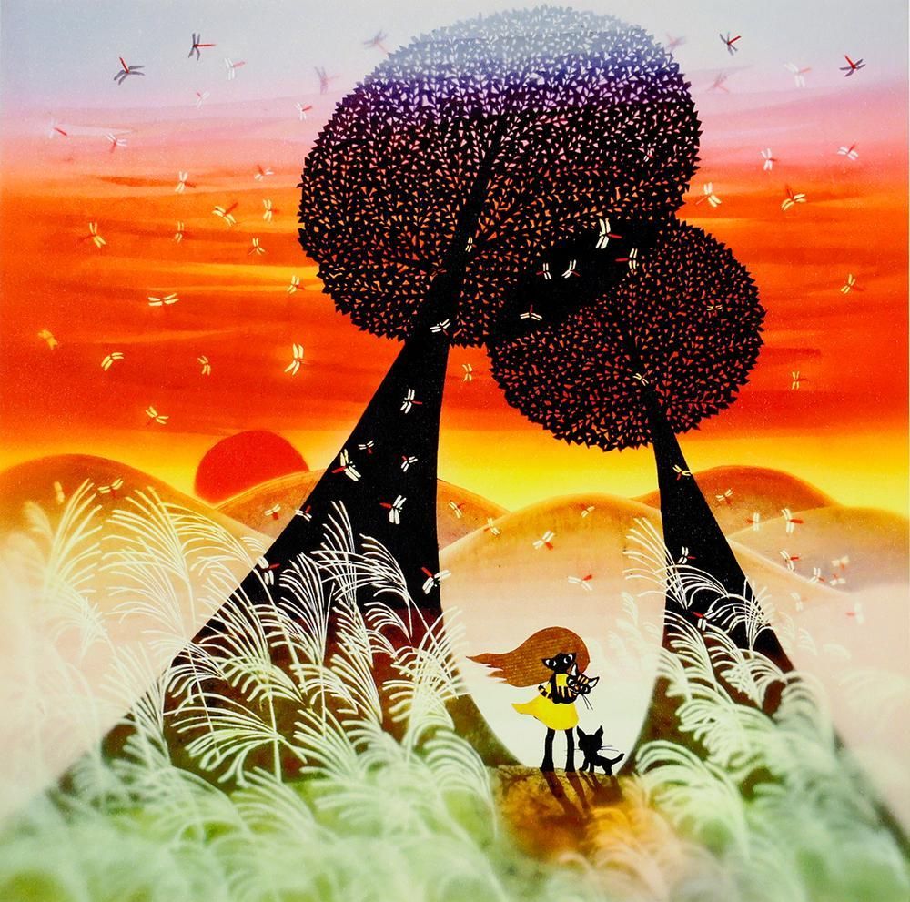 美品 藤城清治「夕日の思い出」レフグラフ 直筆サイン入 証明シール有 お洒落額装 美品 藤城清治「夕日の思い出」レフグラフ 直筆サイン入 証明シール有