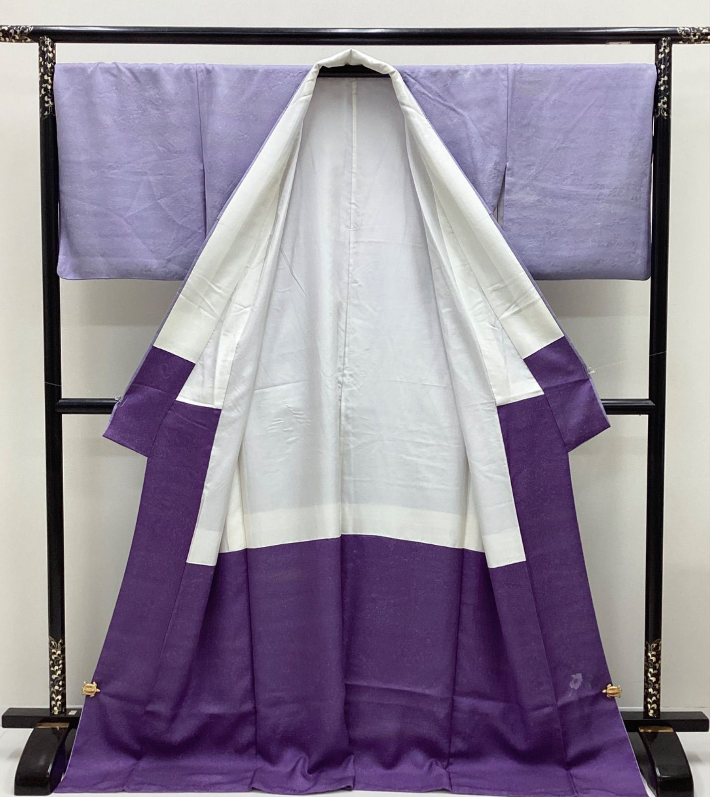 品 袷着物 色無地 縫紋 落款あり 薄藤ねず色 正絹 TL寸ワイドサイズ R 137