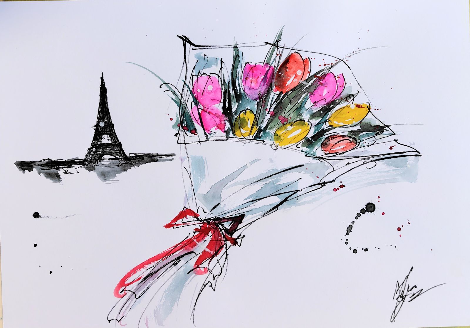原画#60 チューリップ 花 エッフェル塔 パリ フランス 水彩画