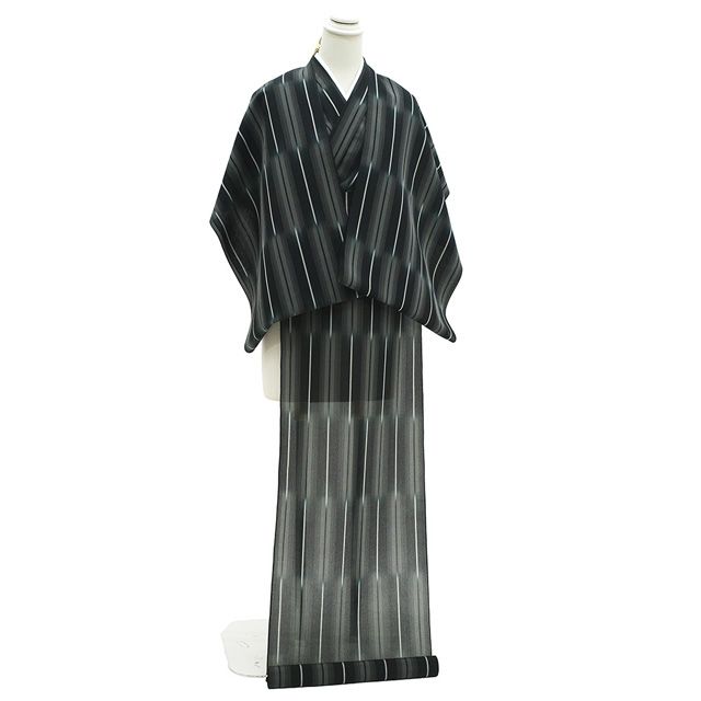 夏物 明石ちぢみ 着物 着尺 反物 正絹 明石縮み 織り柄 黒 グレー テールグリーン 濃青緑 変わり縞 上 カジュアル 夏 夏用 夏着物 涼しげな透け感 未仕立て みやがわ sb 16788