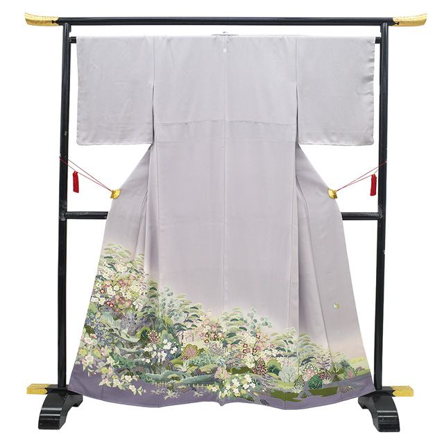 色留袖 着物 正絹 フォーマル 袷 作家物 落款有り 手描き友禅 牡丹鼠色 松 梅 桜 楓 萩 四季の花 水辺 家紋 春 秋 冬 上質 留袖 薄紫グレー 仕立て上がり 身丈162 裄丈66 Ｍサイズ みやがわ sb 16784