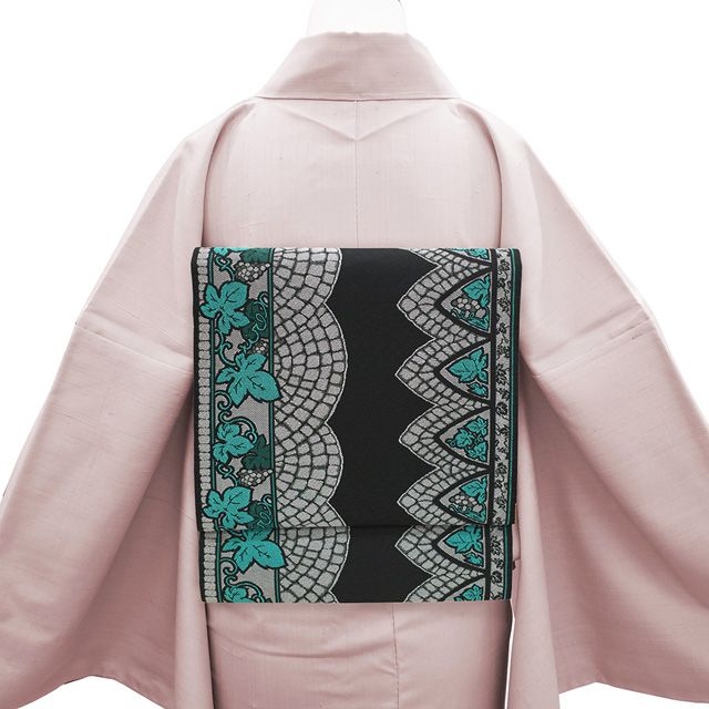 新古品】 名古屋帯 未使用 正絹 全通 九寸 黒 ターコイズグリーン