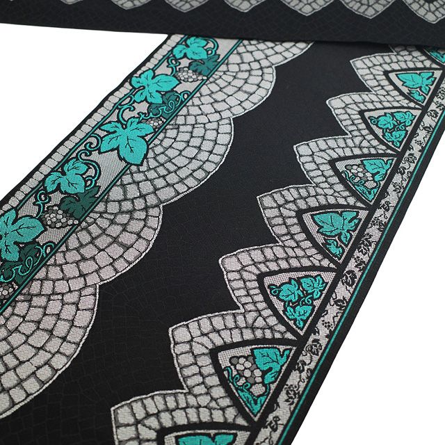 新古品】 名古屋帯 未使用 正絹 全通 九寸 黒 ターコイズグリーン