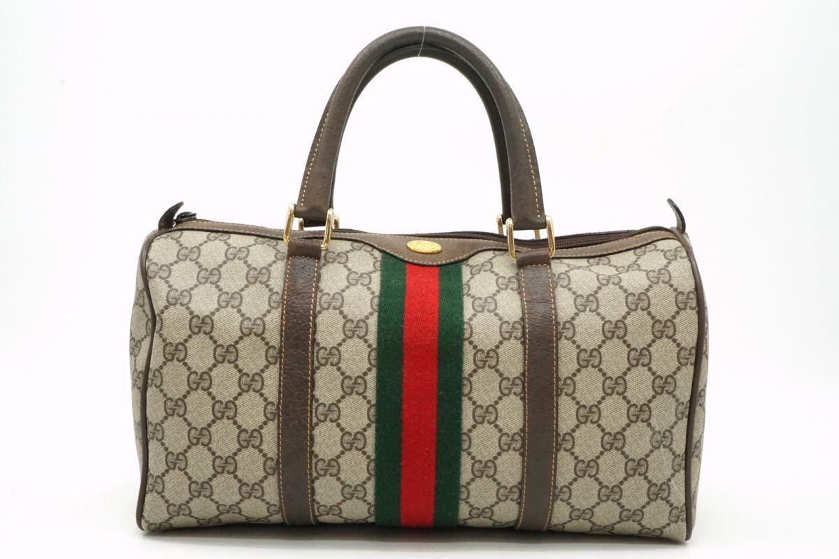 グッチ ヴィンテージ ボストン ハンドバッグ トート 3842 シェリー GGプラス PVCレザー ブラウン GUCCI 4819 h