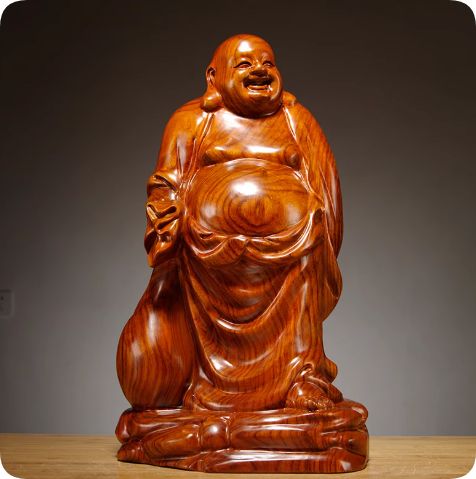 花のナシの木製の彫刻の大きいサイズ布袋の腹弥勒笑い仏像の置物の家の応接間の装飾マホガニーの