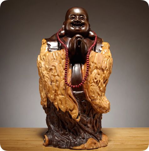 黑檀木雕弥勒佛像摆件实木雕刻八方佛笑佛木头家居玄关红木工艺品 木製 笑顔の仏像 赤い念珠付き 約15 cm