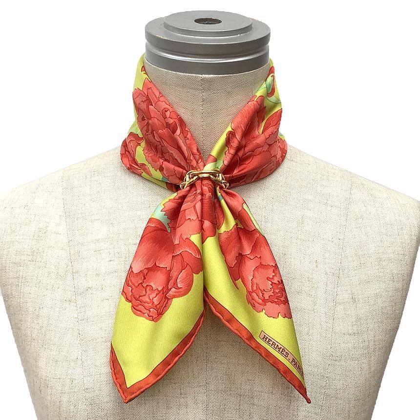 HERMES エルメス スカーフ カレ45 LES 芍薬 ピオニー シルク イエロー aq 12366