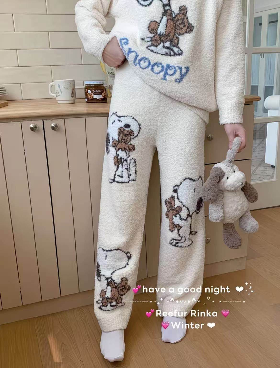 良い スヌーピー風 もこもこルームウェア上下セット 秋冬用 パジャマ