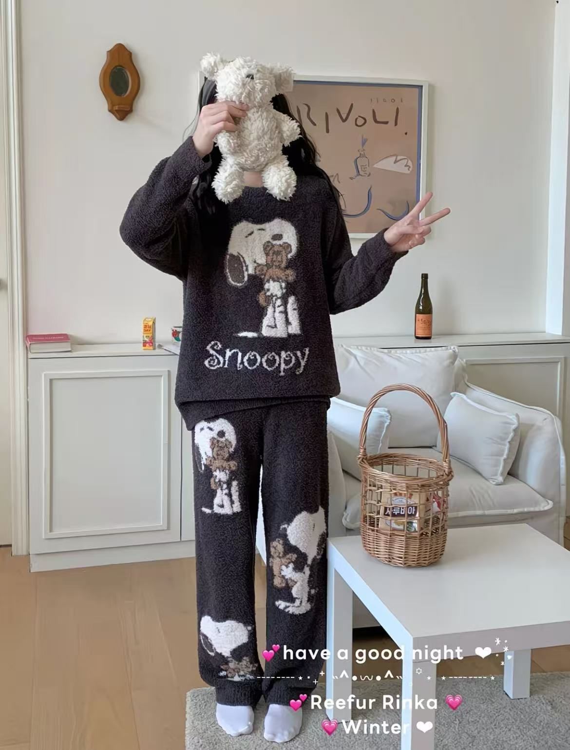 スヌーピー風 もこもこルームウェア上下セット 秋冬用 パジャマ 部屋着 外出OK ダークグレー アイボリー フリーサイズ