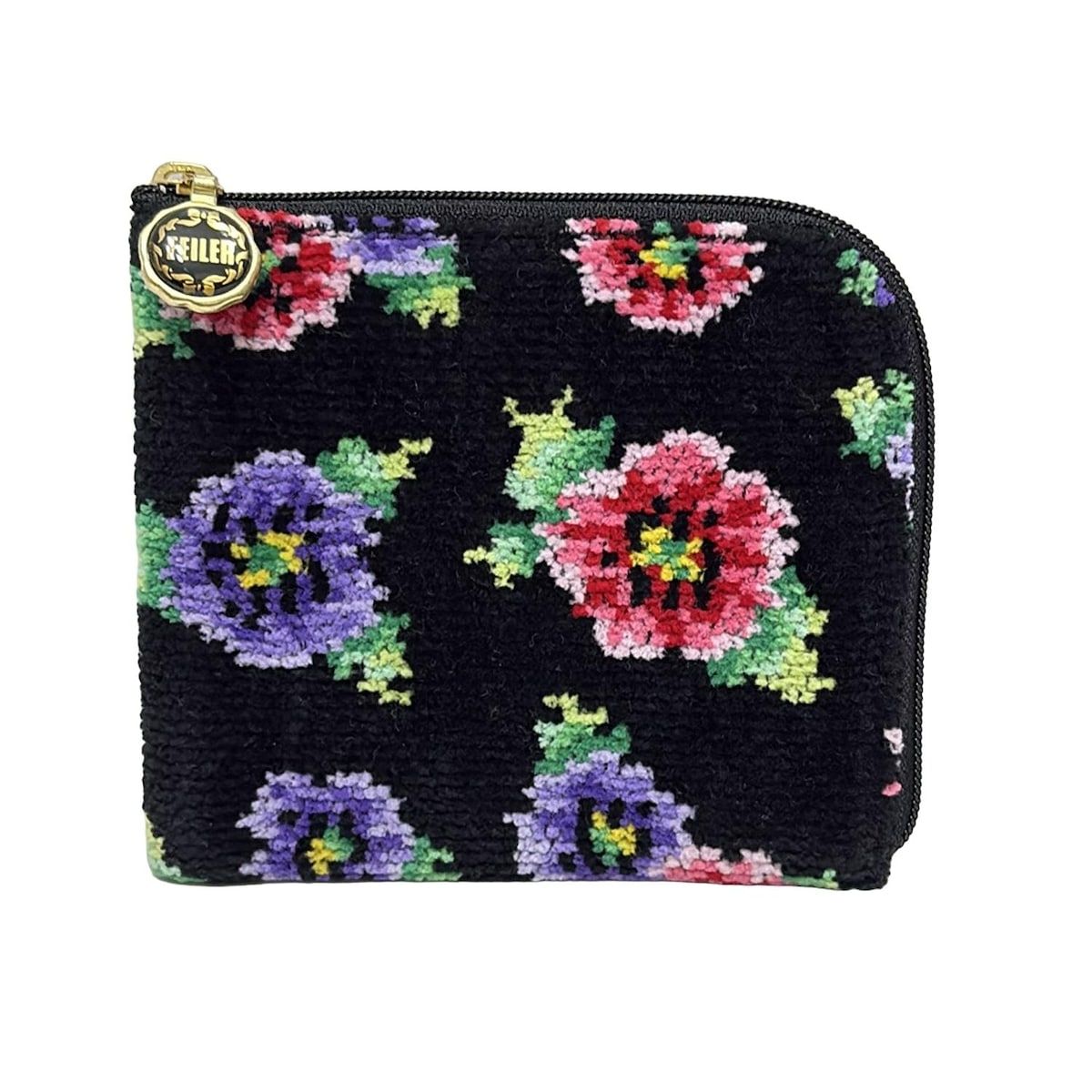 FEILER フェイラー コインケース 黒 パープル マルチ 花柄 L字ファスナー