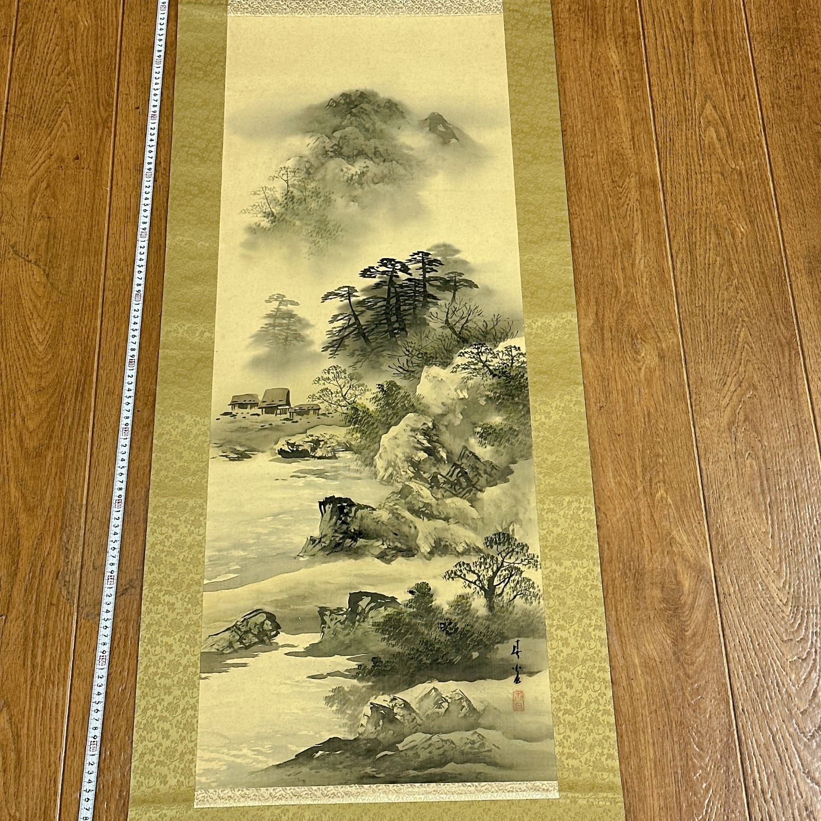 掛軸 水墨山水画 作者不明 落款あり 春光 山水図 日本画 風景画 墨絵